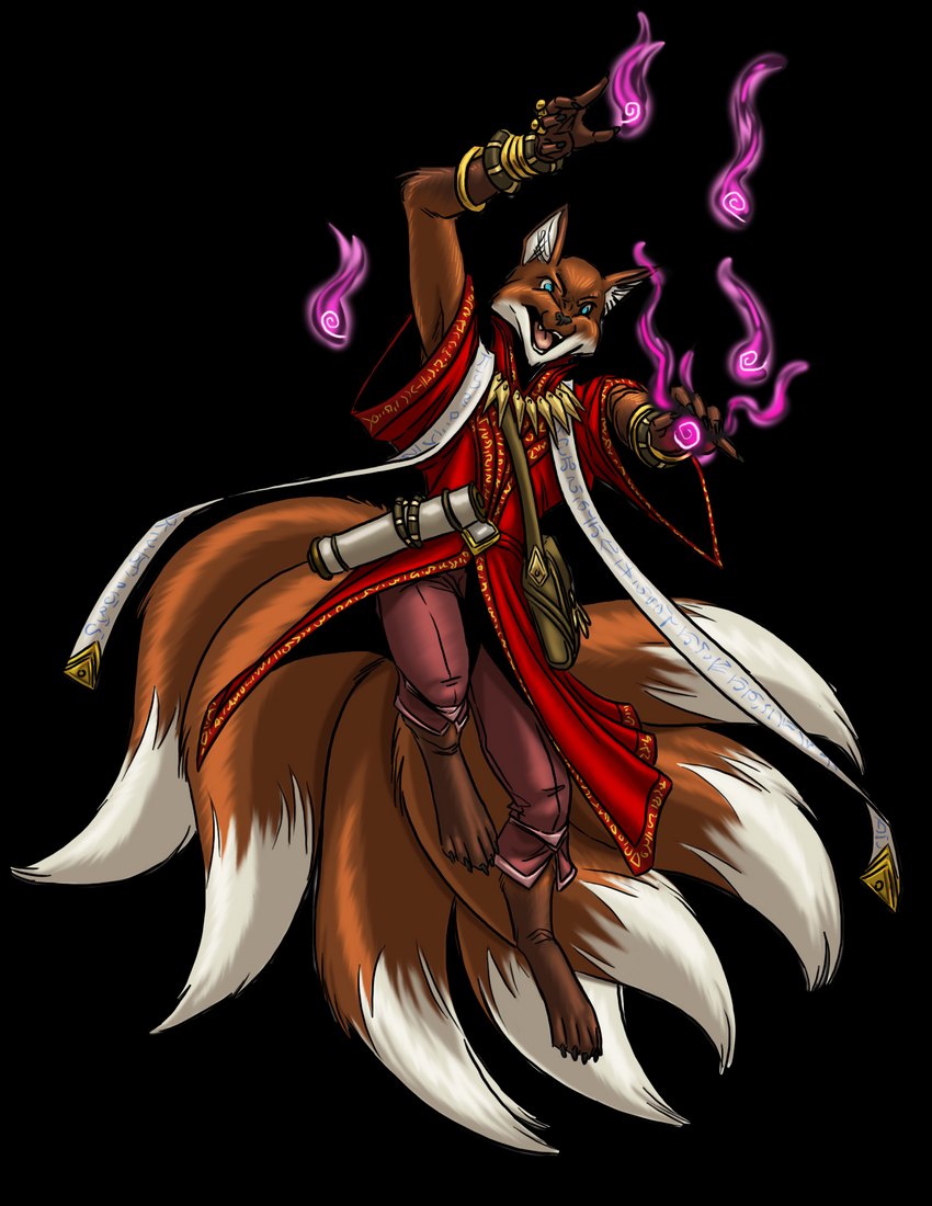 7_tails anthro clothed clothing magic_user male multi_tail neckwear role-playing_game scroll_case shoulder_bag simple_background solo spellcasting tail transparent_background prodigyduck paizo pathfinder canid canine fox mammal alpha_channel hi_res official_art