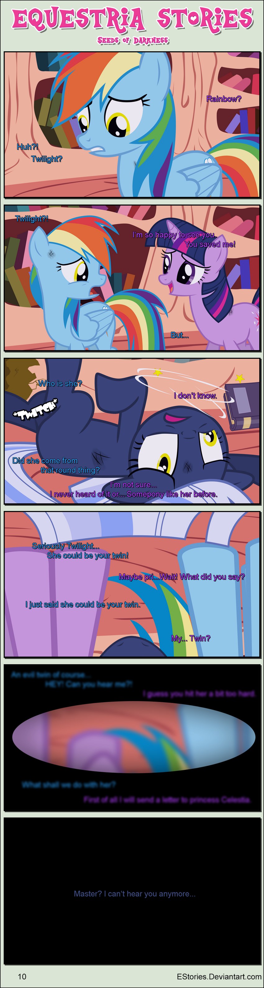 black_border book bookshelf border cutie_mark dialogue ears_up eyes_closing female feral folded_wings furniture group horn inside lying on_back text trio unconscious upside_down wings estories friendship_is_magic hasbro my_little_pony mythology rainbow_dash_(mlp) silverlay_(estories) twilight_sparkle_(mlp) equid equine mammal mythological_creature mythological_equine pegasus unicorn absurd_res comic english_text hi_res url