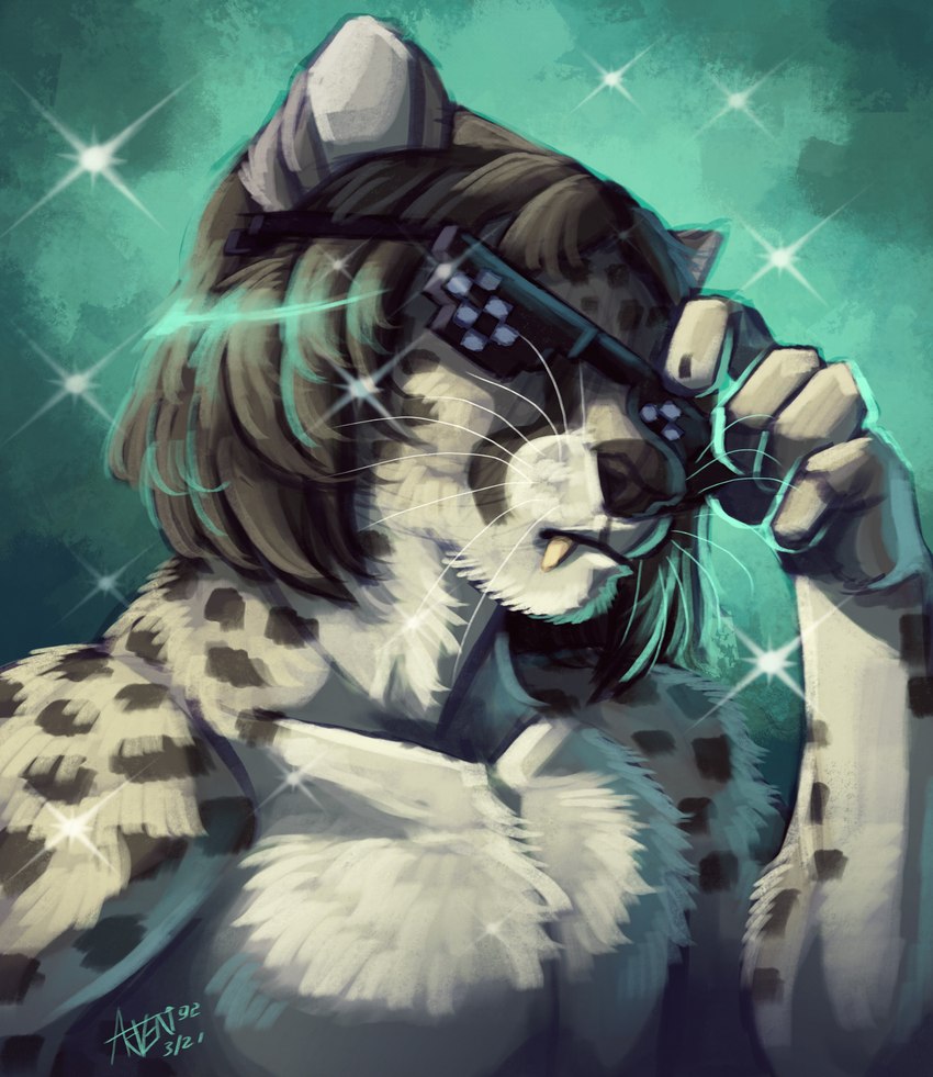 anthro bare_chest eyewear fangs male sabertooth_(anatomy) solo sunglasses teeth panthera_arven deal_with_it snowy_cheetah hi_res