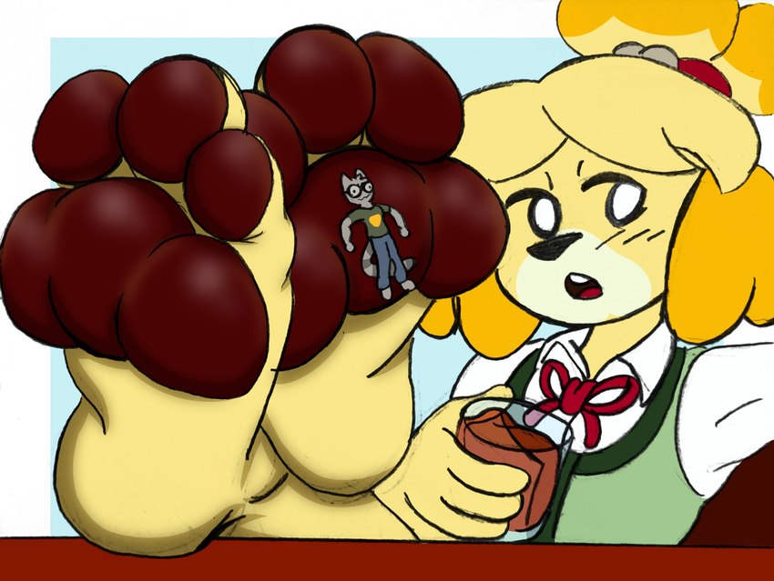 3_toes anthro duo extreme_size_difference feet feet_up female foot_focus male male/female micro pawpads paws size_difference soles stuck_to_foot toes chchellyme animal_crossing nintendo isabelle_(animal_crossing) canid canine canis domestic_dog felid feline mammal hi_res