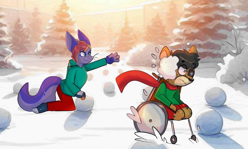 amputated amputee anthro disability duo eye_patch eyewear holidays kitlia_steele legless male male_anthro missing_eye snow snowball stumps vehicle wheelchair kitsunekotaro christmas cheetah felid feline mammal