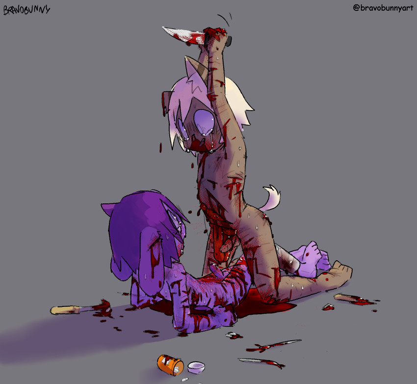 anthro bandage blood bodily_fluids brown_body brown_fur bruised cream_hair crying cute_fangs drugs duo erection fangs fur genitals gore gore_focus guts hair hammer intestines knife male male/male multicolored_body multicolored_fur mutilation nosebleed nude organs penis pills purple_body purple_fur purple_hair snuff sweat tail tan_hair tan_tail tears teeth tools two_tone_body two_tone_fur weapon wounded young young_anthro bravobunny bravo_(bravobunny) domestic_cat felid feline felis lagomorph leporid mammal rabbit 2020 hi_res signature