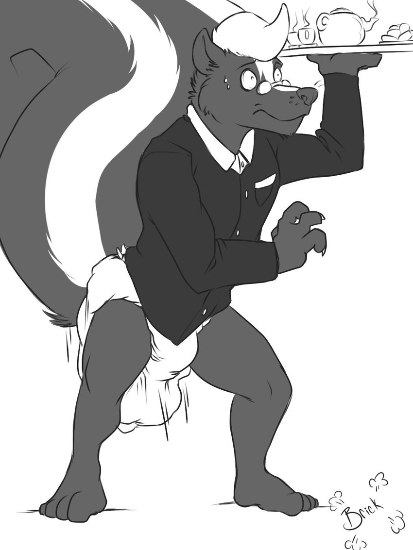 anthro black_body black_fur butler clothing diaper eyewear feces fur glasses male nervous scatplay soiled_diaper soiling solo unclean_diaper used_diaper waiter white_body white_fur brickoven mammal mephitid skunk 3:4 hi_res monochrome