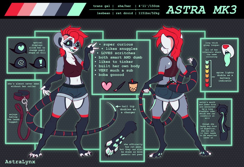 anthro blue_eyes blue_insides breasts butt chest_tuft collar cybernetic_spine female glowing glowing_eyes hair leash leashed_collar long_tail long_tongue machine pawpads paws red_hair tail text tongue tuft astralynx astra_(astralynx) android humanoid mammal murid murine rat robot robot_anthro robot_humanoid rodent absurd_res colored english_text hi_res model_sheet trans_(lore)