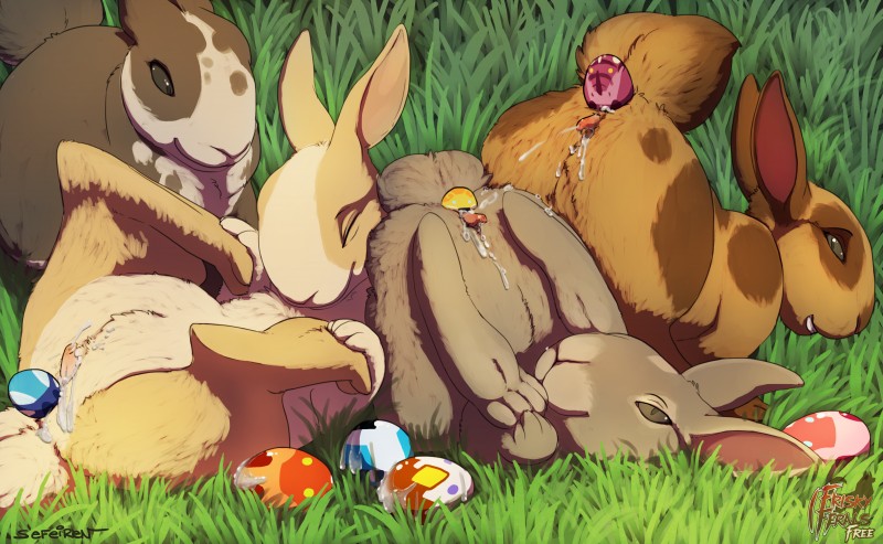 ambiguous_gender anus ass_up bodily_fluids brown_body brown_eyes brown_fur cum ears_back easter_egg egg erection feet feral fur genital_fluids genitals grass grey_body grey_eyes grey_fur group group_oviposition hindpaw holidays long_ears looking_at_viewer lying male on_back oviposition paws penis pivoted_ears plant presenting raised_tail small_penis spots spread_legs spreading tail tan_body tan_fur tapering_penis upside_down conditional_dnp sefeiren easter frisky_ferals lagomorph leporid mammal rabbit 2014 absurd_res hi_res