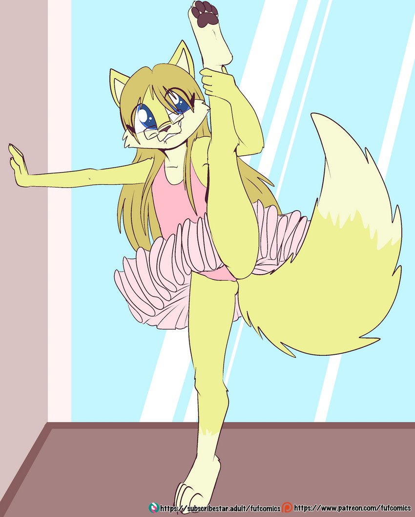 anthro ballerina ballet ballet_leotard barefoot blonde_hair blue_eyes bottomwear clothed clothing dancewear eyewear feet female flat_chested flexible fur glasses hair leotard leotard_peek long_hair one_leg_up pawpads raised_leg skirt solo splits spread_legs spreading standing tail tail_under_skirt tutu vertical_splits yellow_body yellow_fur young young_female fuf polymorph canid canine fox mammal hi_res