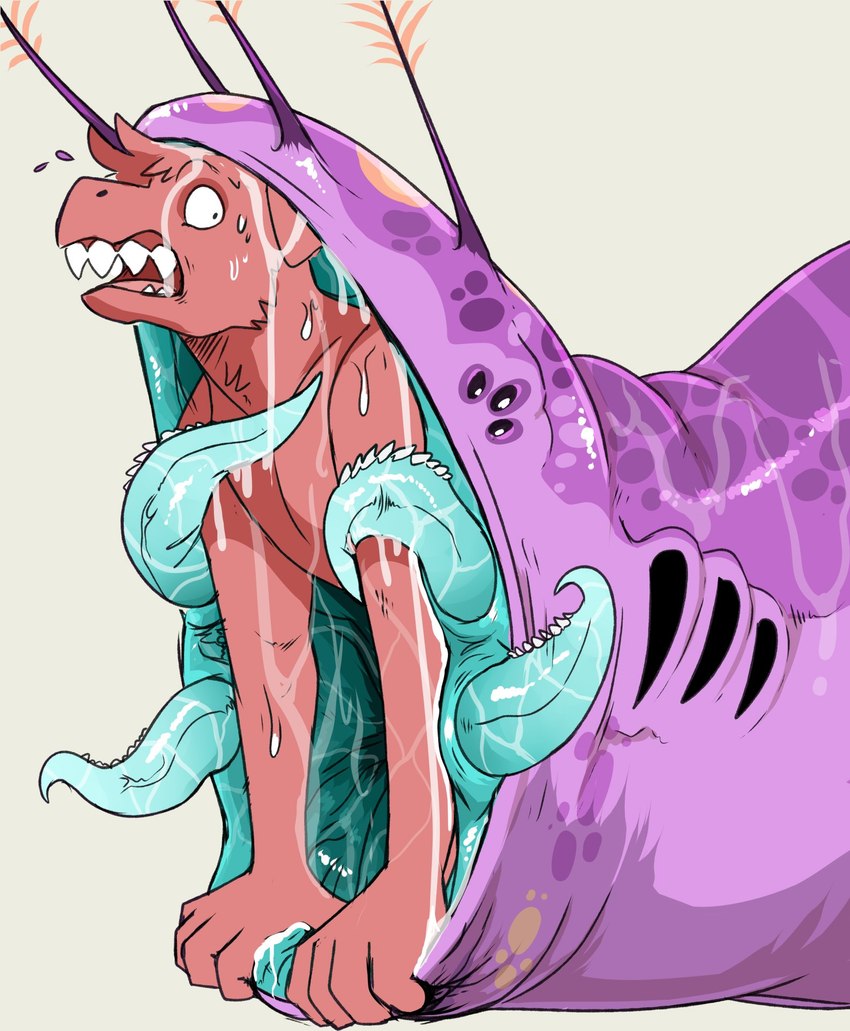 almost_fully_inside ambiguous_gender antennae_(anatomy) anthro anthro_prey blue_mouth bodily_fluids dripping duo feet_first feral feral_pred fur gaping_mouth in_mouth larger_feral larger_pred male multi_eye nude open_mouth oral_vore partially_inside purple_body red_body red_fur red_tongue saliva saliva_drip saliva_string scared simple_background size_difference smaller_anthro struggling struggling_prey teeth tentacle_tongue tentacles tongue vore imperatorcaesar species_request 2023 digital_media_(artwork) hi_res