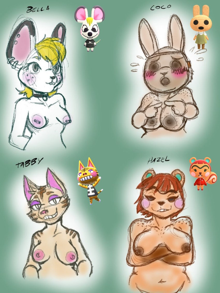 anthro areola beady_eyes black_eyes blonde_hair blush blush_lines breasts brown_areola brown_body brown_fur brown_hair brown_nipples brown_stripes cheek_tuft collar crossed_arms dipstick_ears ear_markings ear_piercing empty_eyes eyebrows eyelashes eyeshadow facial_tuft female freckled_breasts freckles fur gloves_(marking) green_background grey_areola grey_body grey_eyes grey_fur grey_nipples group hair hands_behind_back looking_at_viewer makeup markings multicolored_ears navel nipple_piercing nipples orange_body orange_fur piercing pink_areola pink_nipples purple_eyeshadow rosy_cheeks short_hair simple_background small_breasts smile stripes tan_body tan_fur text tuft unibrow white_body white_fur espent animal_crossing nintendo bella_(animal_crossing) coco_(animal_crossing) hazel_(animal_crossing) tabby_(animal_crossing) animate_inanimate domestic_cat felid feline felis gyroid lagomorph leporid mammal mouse murid murine rabbit rodent sciurid tree_squirrel 3:4 hi_res