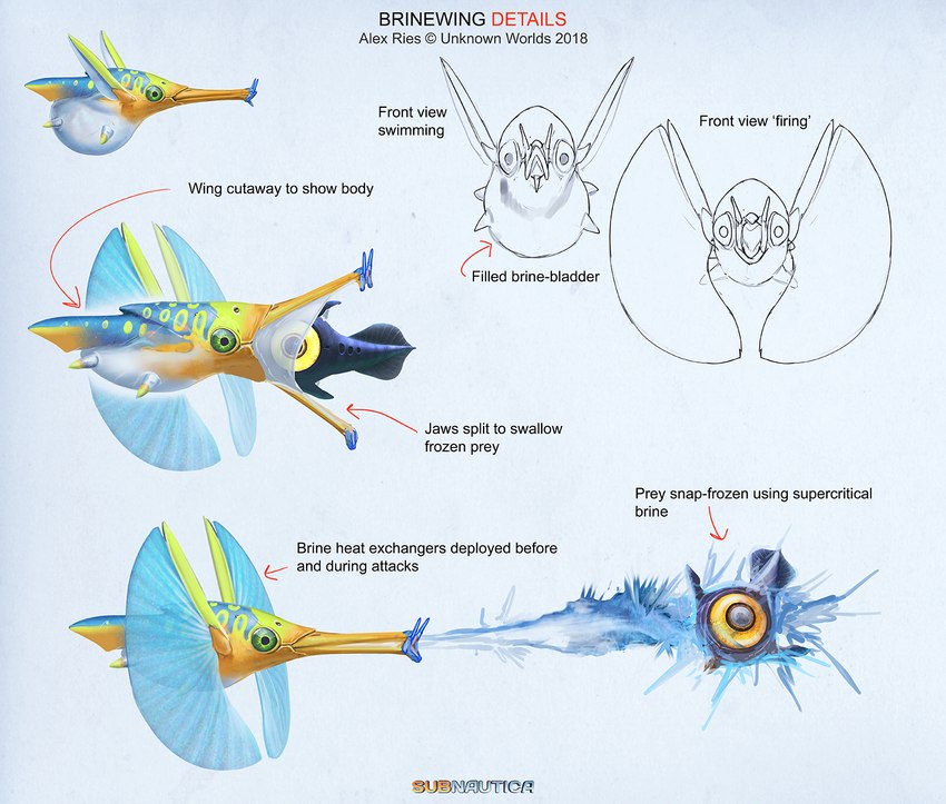 ambiguous_gender belly big_eyes blue_body blue_skin duo feral fin frozen green_eyes ice markings open_mouth solo_focus spots spotted_body text vore white_belly white_body white_skin yellow_body yellow_eyes yellow_skin yellow_spots alex_ries subnautica subnautica_below_zero unknown_worlds_entertainment alien brinewing peeper_(subnautica) concept_art english_text hi_res multiple_images official_art