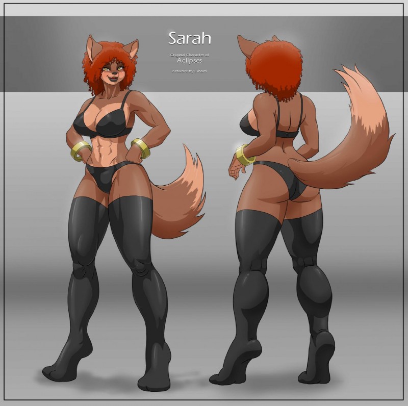 anthro black_lips black_nose blush bra bracelet breasts butt cleavage clothed clothing female hair jewelry legwear lips looking_at_viewer navel panties red_hair short_hair smile solo stockings thick_thighs underwear yellow_eyes einom canid canine fox mammal unknown_species 2013 hi_res