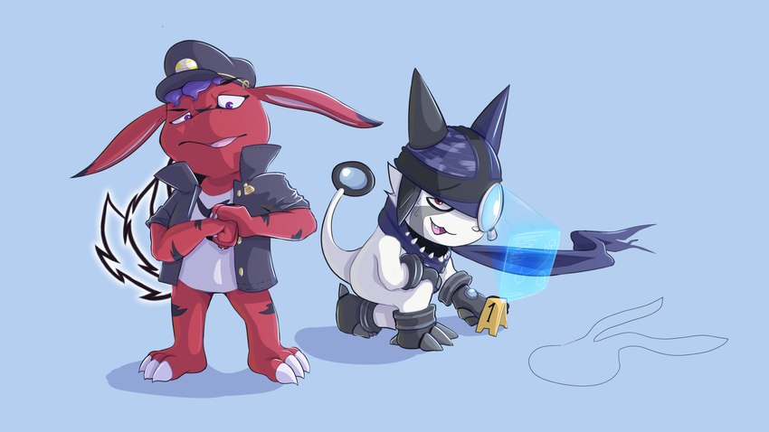 bancho clothing detective digioc's duo mendobear bandai_namco digimon fan_character appmon_(species) digimon_(species) elecmon gatchmon 16:9 absurd_res colored hi_res shaded widescreen