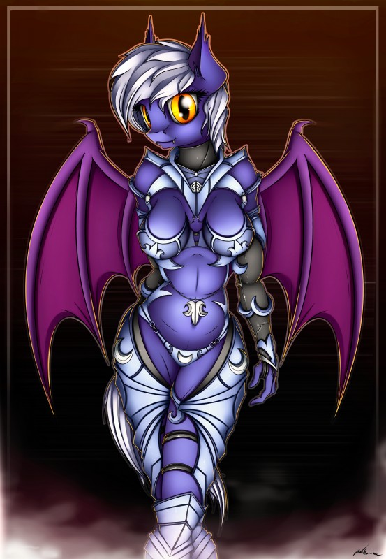 anthro anthrofied armor bat_wings border clothed clothing fangs female fog hair inner_ear_fluff looking_at_viewer membrane_(anatomy) membranous_wings simple_background skimpy smile solo teeth tuft unconvincing_armor walking white_hair wings yellow_eyes neko-me hasbro my_little_pony fan_character polaris bat_pony equid equine horse mammal pony 2016 absurd_res hi_res