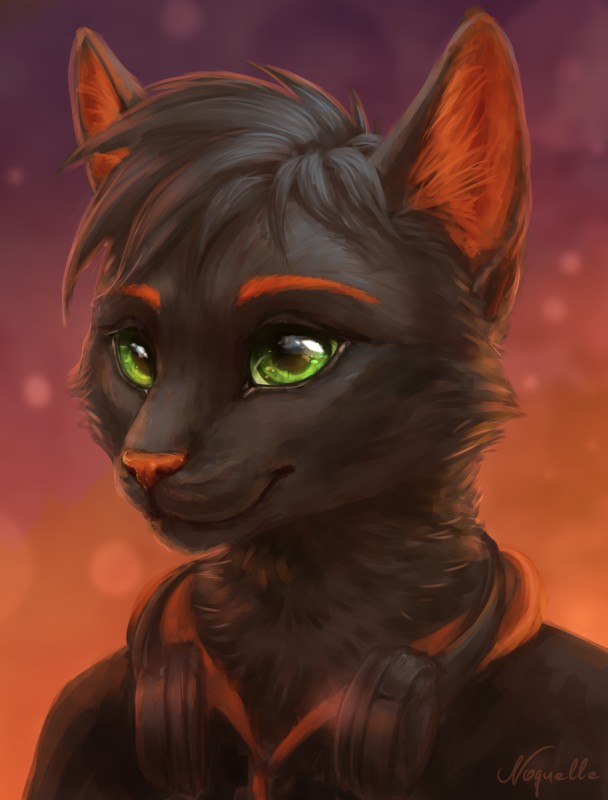 anthro black_body black_fur detailed_background fur green_eyes orange_body orange_fur smile solo noquelle domestic_cat felid feline felis mammal digital_media_(artwork) headshot_portrait hi_res portrait