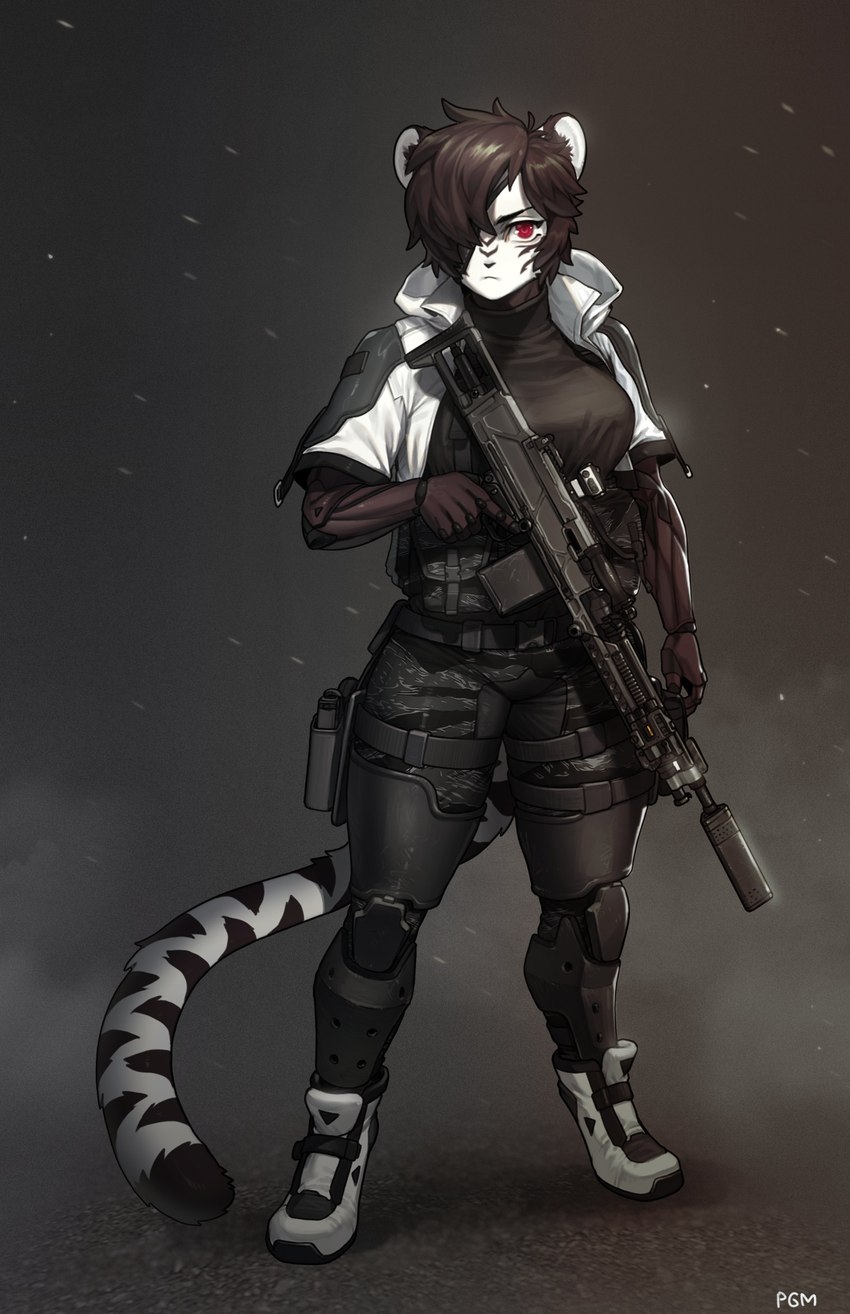 5_fingers anthro black_bottomwear black_clothing black_pants bottomwear breasts clothed clothing digitigrade female fingers fully_clothed gradient_background gun hair hair_over_eye m240 one_eye_obstructed pants ranged_weapon red_dot_sight red_eyes silencer simple_background solo standing streetwear techwear topwear weapon pgm300 nilani_(pocket-sand) felid mammal pantherine tiger 2022 absurd_res artist_name digital_media_(artwork) hi_res shaded signature