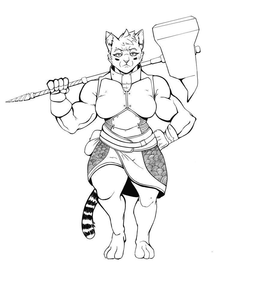 3_toes 5_fingers anthro armor barefoot belt biceps biped breastplate breasts cheek_markings cheek_tuft clothed clothed_anthro clothed_female clothing eyebrows facial_markings facial_tuft feet female female_anthro fingers front_view fur fur_tuft gauntlets gloves hair half-closed_eyes hammer hammer_over_shoulder hand_on_hip handwear head_markings holding_hammer holding_maul holding_melee_weapon holding_object holding_tool holding_weapon looking_at_viewer markings maul melee_weapon musclegut muscular muscular_anthro muscular_female narrowed_eyes pointy_ears prick_ears pupils ring_(marking) ringed_tail sarong simple_background slightly_chubby slightly_chubby_anthro slightly_chubby_female slit_pupils solo standing striped_markings striped_tail stripes tail tail_markings thick_thighs toes tools tuft weapon weapon_on_shoulder white_background possumcrimes hasbro pathfinder wizards_of_the_coast catfolk felid mammal 2020 absurd_res black_and_white digital_drawing_(artwork) digital_media_(artwork) full-length_portrait hi_res monochrome portrait