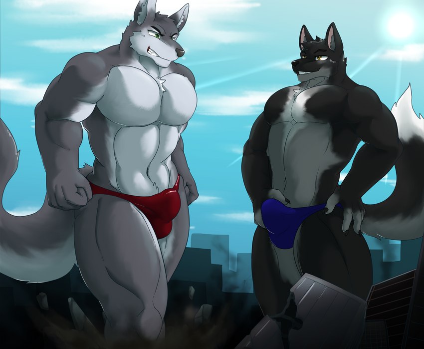 5_fingers anthro balls_outline blue_bottomwear blue_clothing bottomwear building bulge city clothed clothing cloud destruction detailed_bulge duo fingers genital_outline macro male male/male penis_outline red_bottomwear red_clothing sky speedo swimwear tail topless topless_anthro topless_male croiyan banryu canid canine canis mammal wolf 2018 absurd_res hi_res