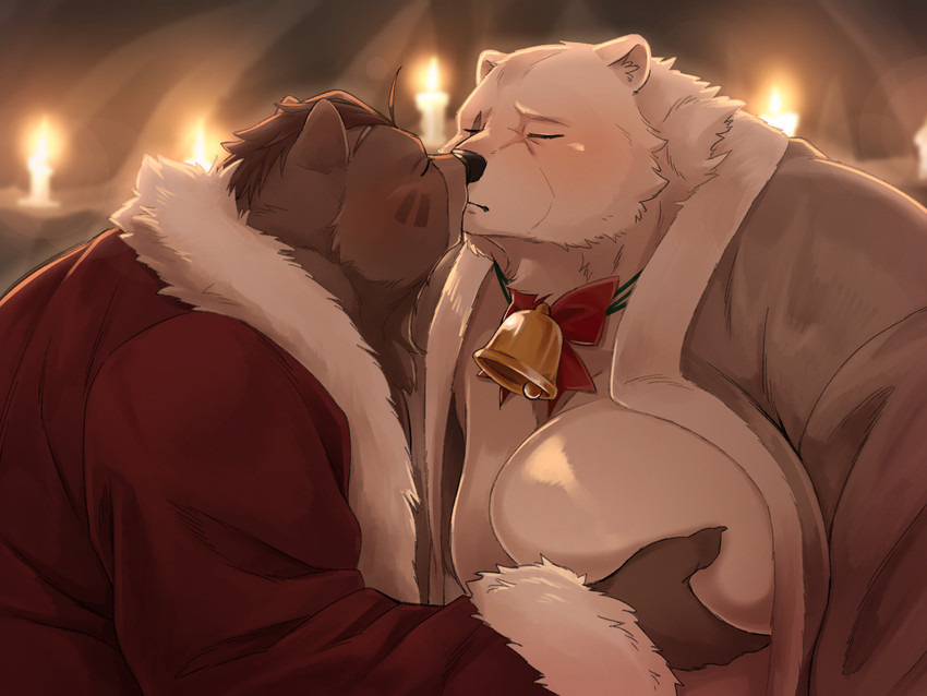 anthro blush brown_body brown_fur duo eyes_closed fur holidays humanoid_hands inside kemono kissing male male/male moobs kumao christmas sdorica crushfang_(sdorica_sunset) dagger_(sdorica_sunset) bear mammal polar_bear ursine 2020 4:3 hi_res