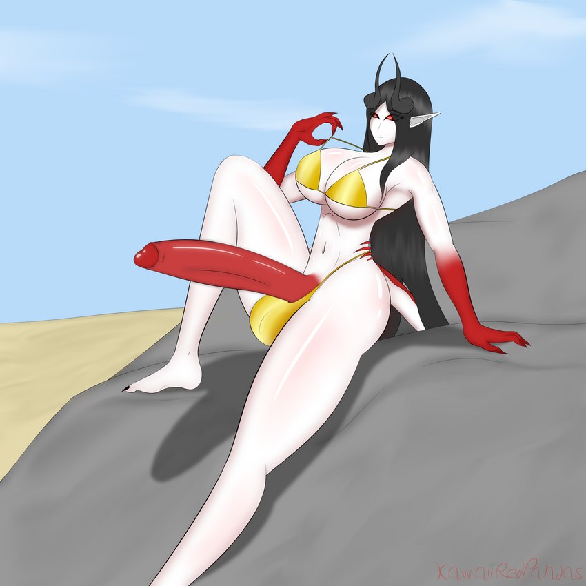 balls beach big_balls big_breasts big_penis bikini black_hair black_sclera breasts bulge claws clothing erection genitals gold_bikini gynomorph hair horn huge_penis humanoid_pointy_ears intersex long_hair not_furry outside penis pointy_ears red_eyes seaside solo swimwear tail two-piece_swimsuit white_body white_skin kawaiiredpandas velzithen_(kawaiiredpandas) demon humanoid succubus 1:1 absurd_res hi_res