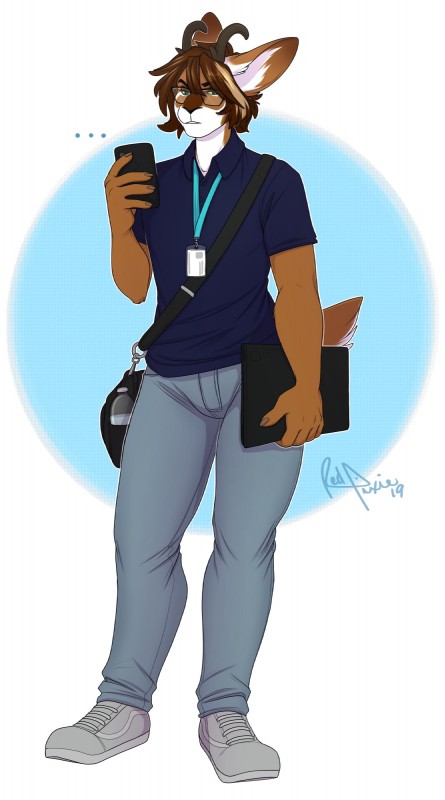 anthro antlers bag blue_polo_shirt brown_hair cellphone clothed clothing electronics ellipsis eyewear footwear fully_clothed glasses hair holding_cellphone holding_laptop holding_object holding_phone holding_smartphone horn lanyard male phone polo_shirt shirt shoes simple_background smartphone solo standing topwear redpixie tundra_lunamos jackalope lagomorph mammal 2019 absurd_res full-length_portrait hi_res portrait