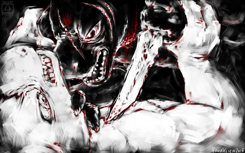 abs angry blood bodily_fluids claws duo fight holding_object holding_weapon knife male sketchy struggling unobtrusive_watermark weapon wounded lauralien azuloth sengilar 16:10 signature widescreen