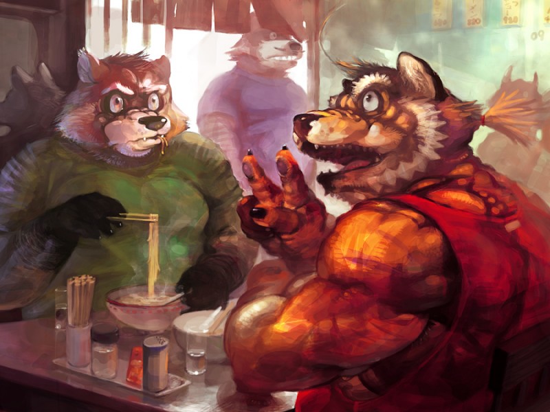 anthro clothing detailed_background eating food group humanoid_hands male overweight overweight_male shirt sitting topwear motogen canid canine mammal raccoon_dog tanuki 2009 4:3