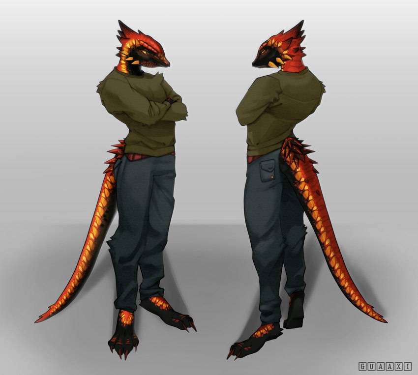 ambiguous_gender anthro barefoot black_eyes claws clothed clothing feet horn pupils red_body red_scales scales solo tail white_pupils yellow_body yellow_scales yellow_sclera guaaxi cona_(character) horny_toad lizard phrynosomatid reptile scalie horned_lizard_(disambiguation) absurd_res hi_res