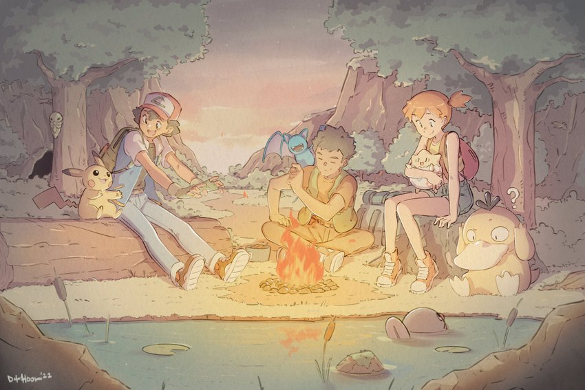 backpack belt campfire clothing detailed_background female feral fire footwear grass group gym_leader hair jacket lily_pad log male orange_hair outside plant pond semi-anthro shoes shrub sitting sitting_on_log topwear tree vest water wood dukehooverart nintendo pokemon ash's_pikachu ash_ketchum brock_(pokemon) misty_(pokemon) generation_1_pokemon generation_2_pokemon human kakuna mammal pikachu pokemon_(species) poliwag psyduck togepi zubat 2022 absurd_res hi_res signature