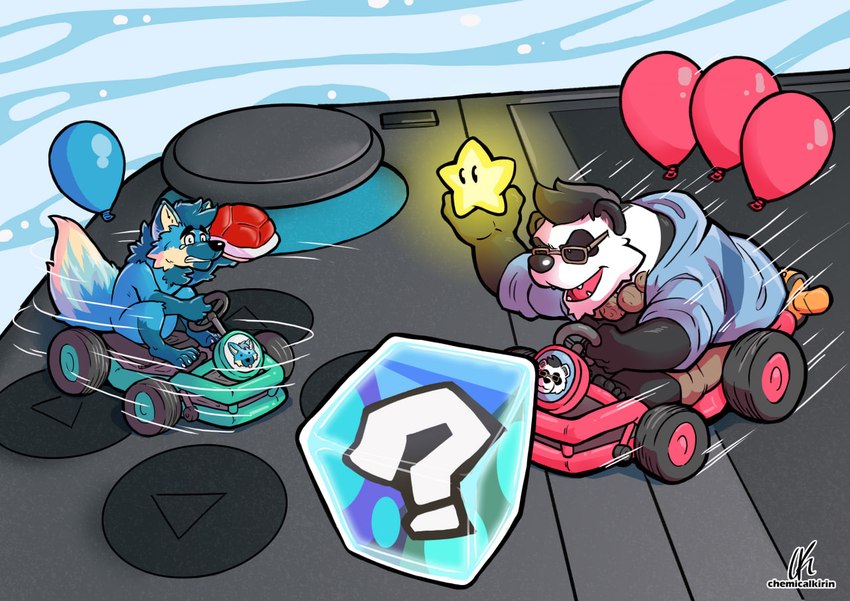 anthro balloon bodily_fluids driving duo eyewear fluffy fluffy_tail glasses inflatable kart male male/male paws question_mark shell star tail tears vehicle chemicalkirin mario_bros mario_kart nintendo nintendo_switch bear canid canine fox giant_panda mammal