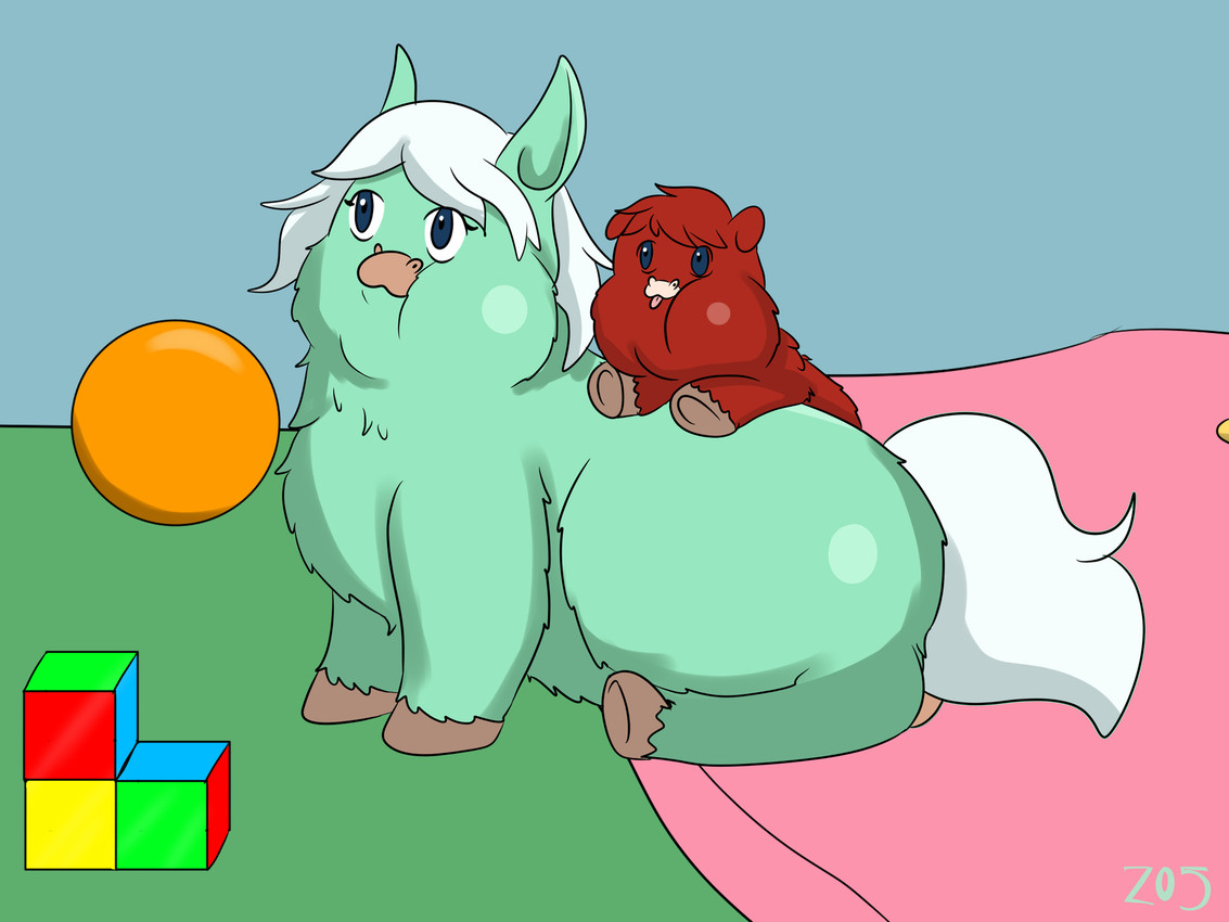 ambiguous_feral ambiguous_gender ball blue_eyes cushion duo eyelashes feral fur grey_hooves hair hooves looking_up red_body red_fur sitting tail teal_body teal_fur text tongue tongue_out toy_block white_hair white_tail young young_ambiguous young_feral z05 fluffy_pony randy_(z05) tootie_(z05) fluffy_pony_(species) mammal 2024 artist_name digital_media_(artwork) hi_res shaded