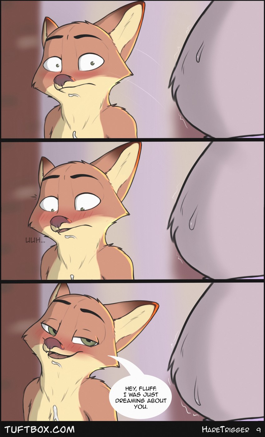 anthro biped blush bodily_fluids cum dialogue embarrassed female female_anthro genital_fluids male male/female male_anthro smile surprise surprised_expression text conditional_dnp tuftbox disney zootopia judy_hopps nick_wilde canid canine european_rabbit fox lagomorph leporid mammal oryctolagus rabbit red_fox true_fox 2024 absurd_res comic hi_res url