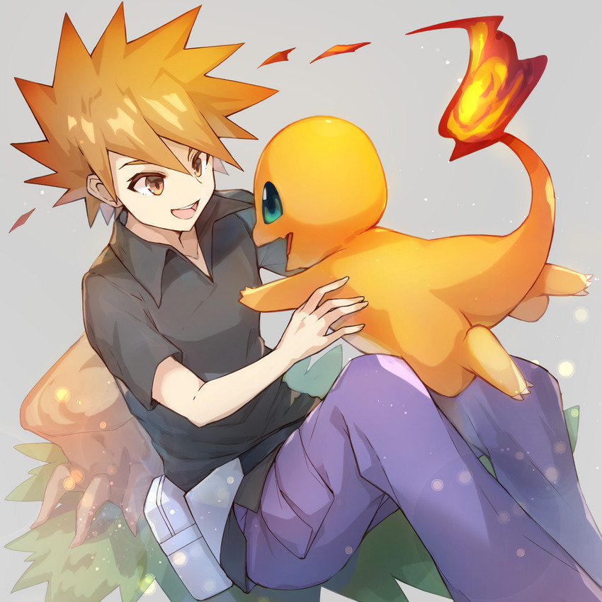 ambiguous_gender brown_eyes clothing duo eye_contact fire green_eyes hair holding_character looking_at_another male open_mouth open_smile sitting smile tongue kurou_sagi nintendo pokemon blue_(pokemon) pokemon_trainer charmander generation_1_pokemon human mammal pokemon_(species) 1:1 2020 hi_res