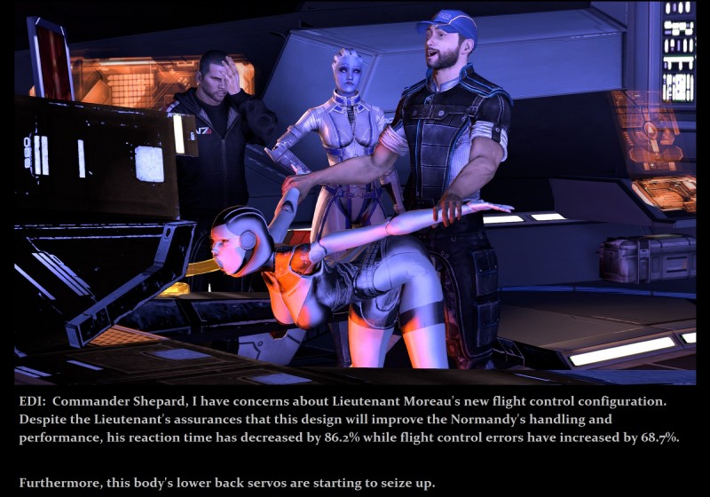 beard bent_over blue_hair breasts facepalm facial_hair fellatio female from_behind_position frown group hair humor machine male male/female not_furry oral oral_penetration penetration penile sex text unknown_artist bioware electronic_arts mass_effect mass_effect_3 commander_shepard edi_(mass_effect) jeff_moreau liara_t'soni alien alien_humanoid asari human humanoid mammal robot 2013 3d_(artwork) digital_media_(artwork) english_text hi_res