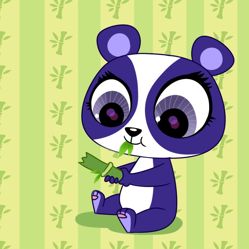 anthro bamboo bamboo_stick eating female feral fur looking_down purple_body purple_eyes purple_fur purple_sclera simple_background sitting solo white_body white_fur madmax hasbro littlest_pet_shop littlest_pet_shop_(2012) penny_ling bear giant_panda mammal 1:1 hi_res