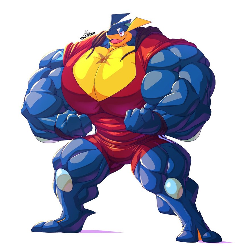 abs anthro biceps big_muscles big_pecs blue_body clothed clothing flexing hoodie huge_muscles huge_pecs hyper hyper_muscles male muscular muscular_anthro muscular_male muscular_thighs open_clothing open_mouth open_shirt open_topwear pecs pink_eyes scar shirt solo topwear wristband yongdasom nintendo pokemon fan_character zen_(unusualboo54) amphibian frog generation_6_pokemon greninja pokemon_(species) hi_res