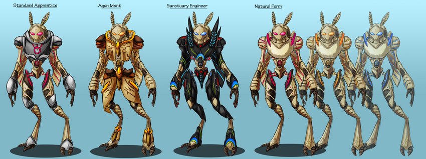 2_toes 3_fingers ambiguous_gender antennae_(anatomy) anthro blue_background blue_eyes chest_tuft clothed clothing feet fingers group red_eyes simple_background text toes tuft yellow_eyes cryophase metroid metroid_prime metroid_prime_2 nintendo arthropod luminoth absurd_res english_text hi_res