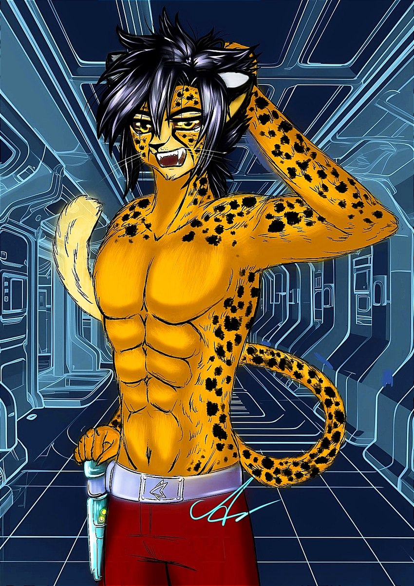 5_fingers anthro biped clothed clothing fingers fur inside long_tail male markings solo spots spotted_body spotted_fur spotted_markings spotted_tail tail tail_markings topless yellow_body yellow_fur yellow_tail palya_(artist) kurai_(palya) cheetah felid feline mammal digital_media_(artwork) half-length_portrait hi_res portrait