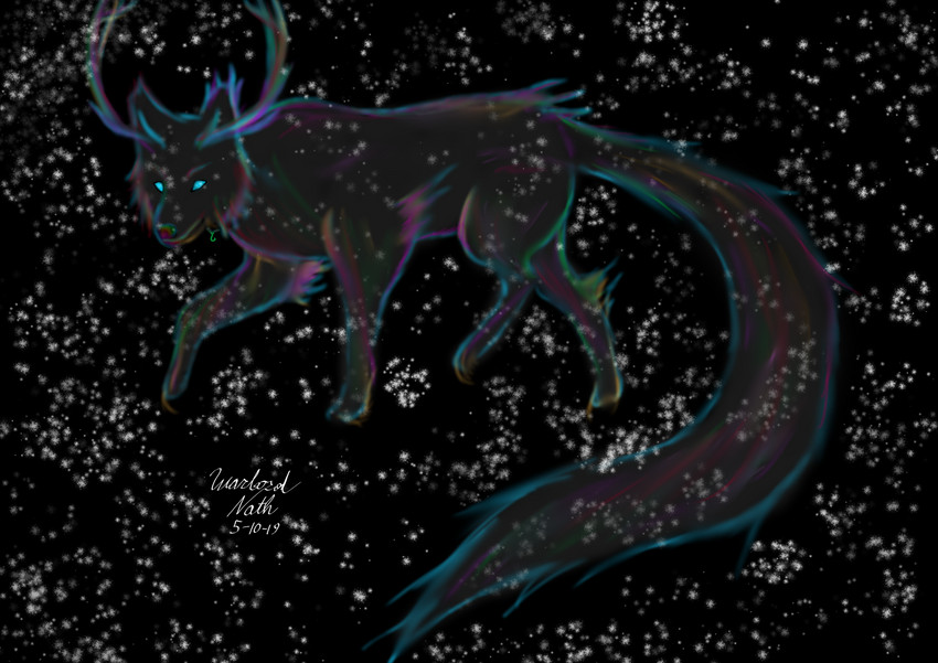 antlers cosmic_background cosmic_flesh cosmic_fur feral glowing glowing_eyes horn iridescent iridescent_antlers iridescent_fur long_tail male solo space star starry_background tail translucent nathugar canid canine canis celestial_being coyote mammal nova_(disambiguation) 2019 hi_res signature