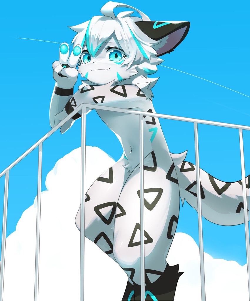 anthro black_markings blue_eyes fur gesture hand_gesture kemono looking_at_viewer male markings railing sky smile solo v_sign white_body white_fur min_furry felid feline mammal hi_res