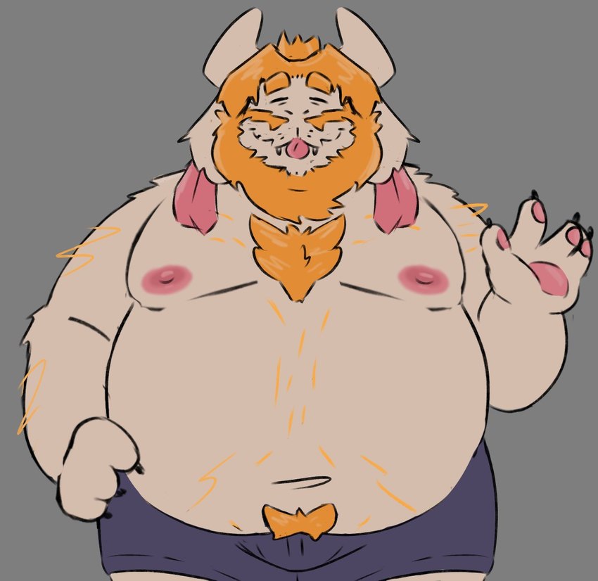 anthro beard belly big_belly blonde_hair body_hair bottomwear chest_hair claws clothed clothing facial_hair hair horn long_ears male mature_anthro mature_male moobs nipples overweight overweight_anthro overweight_male pants partially_clothed paws pink_nipples pubes slightly_chubby solo white_body smut_leo undertale_(series) asgore_dreemurr animal_humanoid bovid caprine goat humanoid mammal