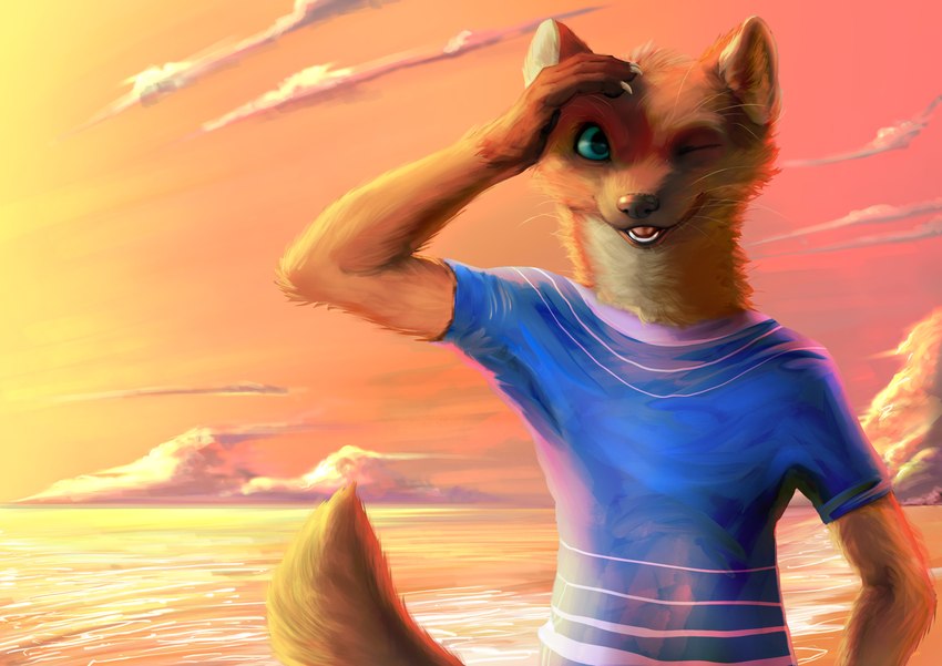 anthro blue_clothing blue_sclera blue_shirt blue_topwear claws clothing cloud fully_clothed_anthro fully_clothed_male fur grey_nose hand_on_own_head inner_ear_fluff looking_at_viewer male male_anthro one_eye_closed orange_body orange_fur shirt smile solo sunset sunset_background topwear tuft white_body white_claws white_fur white_inner_ear white_inner_ear_fluff corbin_(roscy) corbin_(corbin_roscy) domestic_ferret mammal mustelid musteline true_musteline weasel 2023 absurd_res hi_res male_(lore)