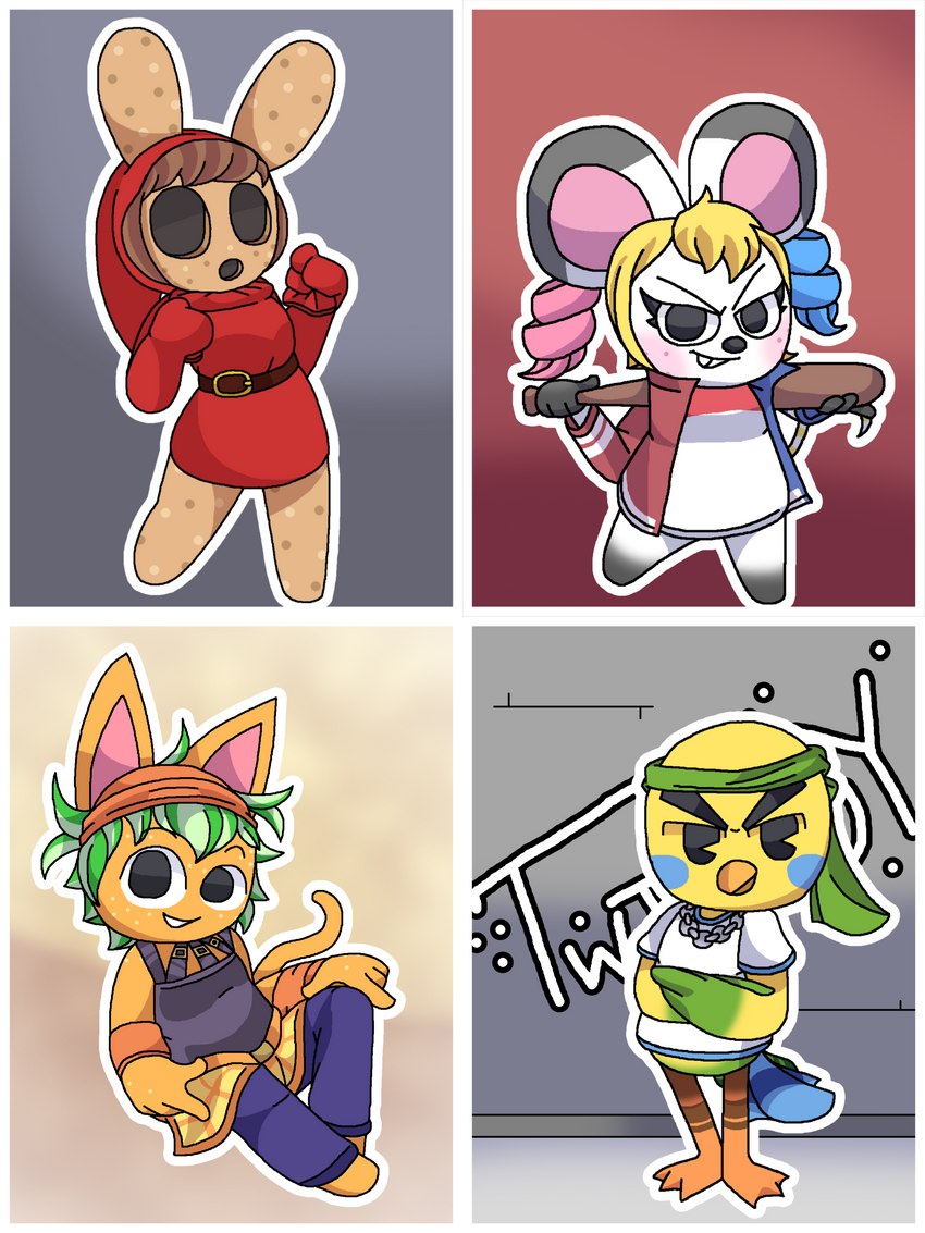 accessory anthro belt blonde_hair brown_hair buckteeth clothing cosplay female graffiti hair headband holding_bat male orange_body partitioning red_clothing shirt smile solo standing teeth topwear white_body yellow_body cuper_tortilla animal_crossing jojo's_bizarre_adventure nintendo bella_(animal_crossing) coco_(animal_crossing) narancia_ghirga tangy_(animal_crossing) twiggy_(animal_crossing) avian bird felid gyroid lagomorph leporid mammal mouse murid murine rabbit rodent 2021 3:4 absurd_res hi_res multiple_images