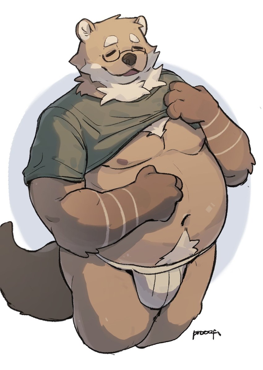 anthro belly big_belly brown_body bulge clothed clothing clothing_lift eyes_closed eyewear glasses jockstrap kemono male moobs navel nipples overweight overweight_male shirt shirt_lift simple_background solo topwear underwear prooof_(artist) mammal mustelid otter 2024 hi_res