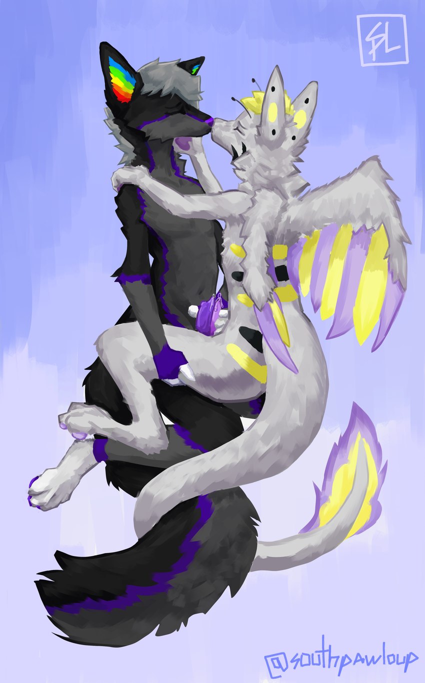 anthro back_markings bodily_fluids cheek_markings duo ear_markings ear_tuft entwined_tails eyes_closed facial_markings feet floating fluffy fluffy_tail frottage fur genital_fluids genitals grey_body grey_fur hand_on_face hand_on_shoulder handjob_frottage head_markings highlights_(coloring) holding_leg holding_penis holding_thigh kissing leaking_precum looking_pleasured male male/male markings penile penis precum purple_hands purple_highlights purple_paws purple_penis sex spread_wings tail tail_coil touching_tips tuft white_feet white_fingers wings yellow_body yellow_fur southpawloup mythology bumble_(bumblederg) fruit_(fruit-wolf) arthropod bee canid canine canis dragon furred_dragon furred_scalie hybrid hymenopteran insect mammal mythological_creature mythological_scalie scalie wolf absurd_res hi_res