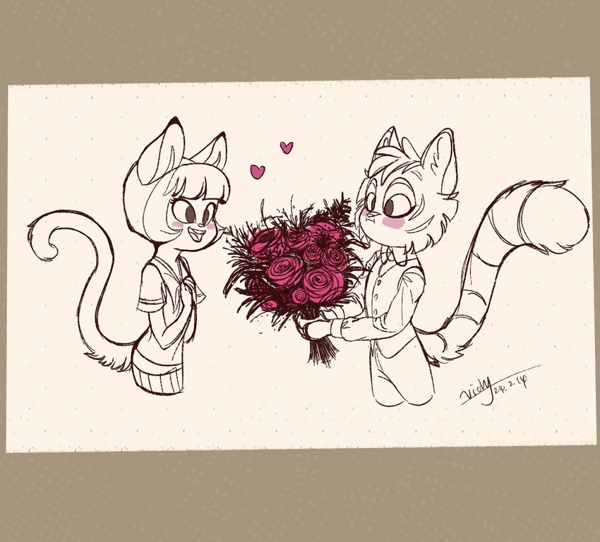 anthro blush bob_cut bottomwear bouquet bow_tie canon_couple clothed clothing daww dress dress_shirt duo eyelashes female flower flower_bouquet fluffy fluffy_tail flustered flustered_male fully_clothed giving_flower hand_on_chest hand_on_heart happy head_tuft heart_symbol holding_bouquet holding_flower holding_object holidays intimate love male male/female open_mouth pants pink_heart plant romantic romantic_couple rose_(flower) shirt shy simple_background skirt standing tail teeth tongue topwear tuft white_background vicky_(artist) lackadaisy valentine's_day calvin_mcmurray ivy_pepper domestic_cat felid feline felis mammal 2024 digital_drawing_(artwork) digital_media_(artwork) hi_res signature