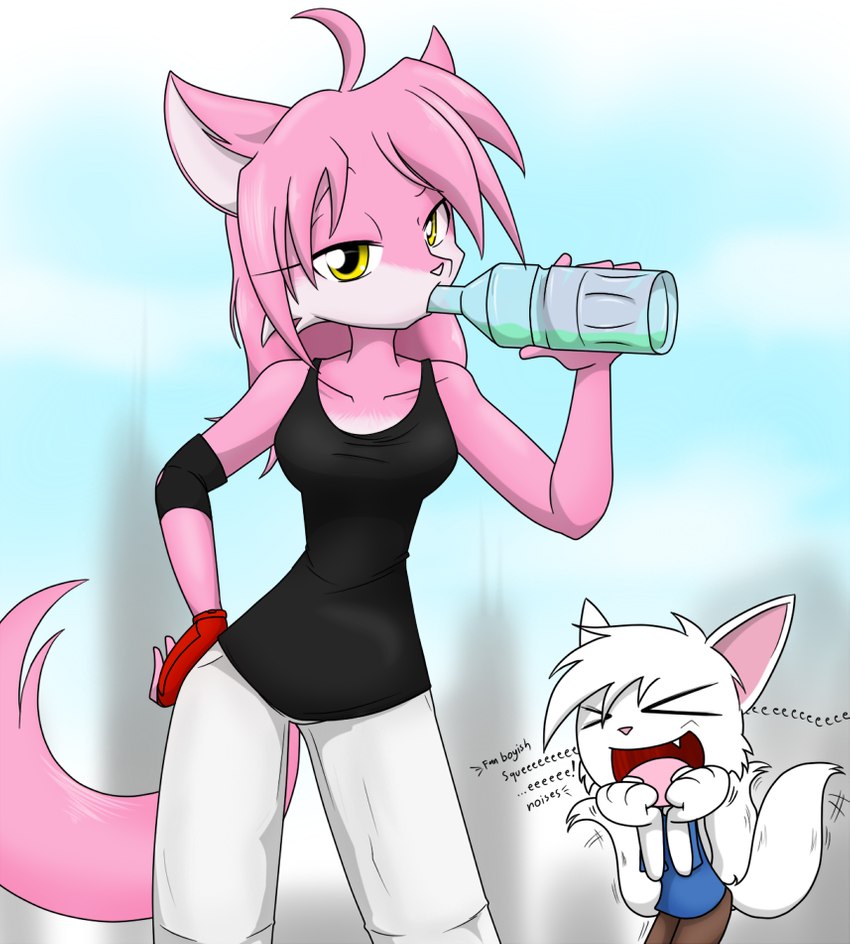 anthro bottle breasts clothing container cosplay dialogue duo eyelashes eyes_closed fanboy fangs female fingers fur hair looking_at_viewer male multicolored_body multicolored_fur pink_body pink_fur pink_hair shirt simple_background smile tail tail_motion tailwag tank_top teeth text tongue topwear water_bottle white_body white_fur white_hair yellow_eyes sandwich-anomaly electronic_arts mirror's_edge logan_the_fox violet_(foxiwan) canid canine domestic_cat felid feline felis fox mammal 2016 digital_media_(artwork) english_text