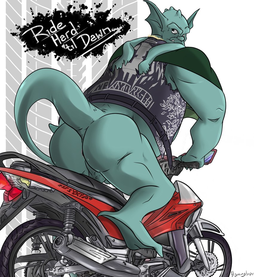 anthro anus balls big_butt biker bottomless butt clothed clothing feet genitals looking_at_viewer looking_back male membrane_(anatomy) membranous_wings motorcycle overweight penis solo talons text toes vehicle wings flamingbeaver disney gargoyles broadway_(gargoyles) gargoyle english_text hi_res