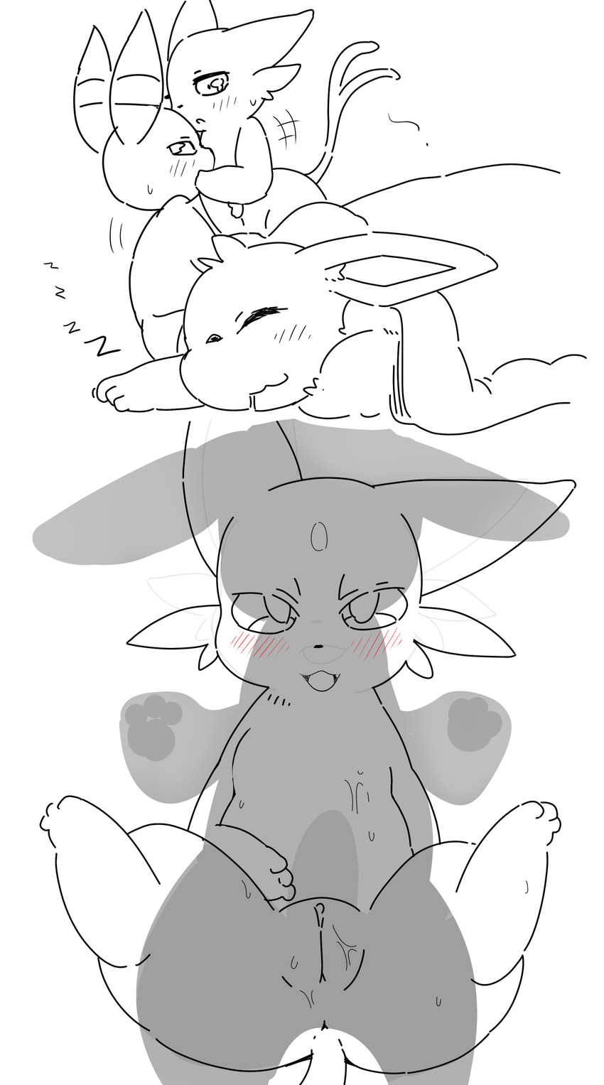 anus blush bodily_fluids duo female feral fluid_on_breasts genital_fluids genitals group legs_up male male/female simple_background sleeping sound_effects tail trio vaginal_fluids vowelless vowelless_sound_effect vulva zzz yelushiku nintendo pokemon eevee eeveelution espeon generation_1_pokemon generation_2_pokemon pokemon_(species) umbreon absurd_res hi_res