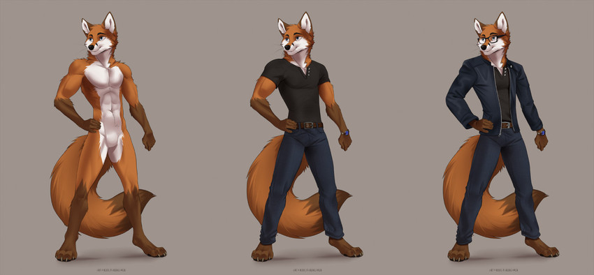 4_toes 5_fingers anthro belt clock clothed clothing ears_up eyewear feet fingers fur glasses looking_away male nude orange_body orange_fur paws pose red_body red_fur smile solo standing tail toes watch white_body white_fur koul scott_(scottthefox94) canid canine fox mammal