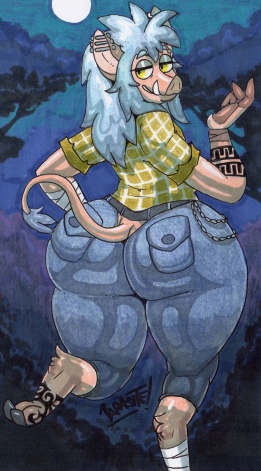 anthro arm_tattoo big_butt blue_hair bottom_heavy bottomwear brown_body brown_fur bubble_butt butt clothing denim denim_bottomwear denim_clothing ear_piercing eyelashes eyeshadow femboy fur glistening glistening_body glistening_fur grey_eyeshadow hair hooves huge_butt huge_hips huge_thighs jeans long_hair long_tail looking_back makeup male moon night outside pants piercing plant smile snout solo tail tail_tuft tattoo thick_thighs tree tuft tusks wide_hipped_anthro wide_hipped_male wide_hips yellow_eyes parasitedeath argile_(kurutta_neko) mammal suid suine sus_(pig) wild_boar 2025 artist_name graphite_(artwork) hi_res marker_(artwork) traditional_media_(artwork) watermark