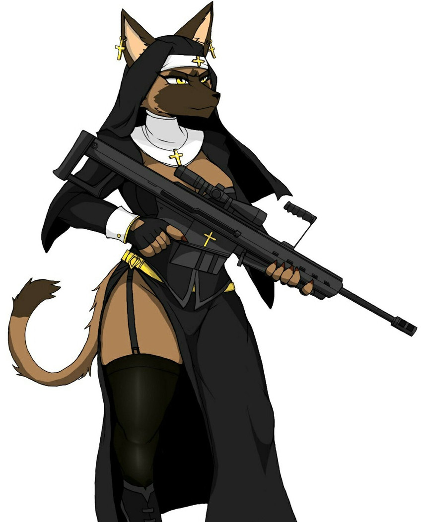 anthro barrett_m82 brown_body clothing cross cross_ear_piercing cross_ear_ring cross_necklace crucifix ear_piercing ear_ring female fur gun jewelry legwear necklace nun nun_habit nun_outfit piercing ranged_weapon religious_clothing rifle ring_piercing sniper_rifle solo standing stockings thick_thighs weapon 9live efimiia_kovaleva domestic_cat felid feline felis mammal hi_res